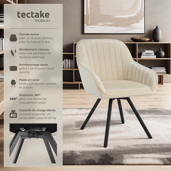 TECTAKE - Lot 4 chaises pivotantes à 360° avec accoudoirs velours crèmes - large