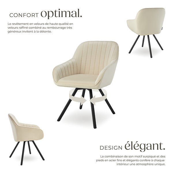 TECTAKE - Lot 4 chaises pivotantes à 360° avec accoudoirs velours crèmes - large