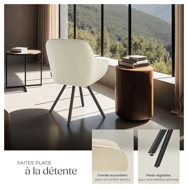 TECTAKE - Lot 4 chaises pivotantes à 360° avec accoudoirs velours crèmes - large