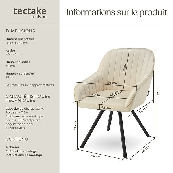 TECTAKE - Lot 4 chaises pivotantes à 360° avec accoudoirs velours crèmes - large