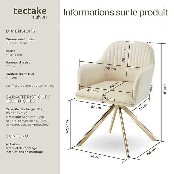 TECTAKE - Lot de 4 chaises pivotantes à 360° en velours rembourrées crème/or - large