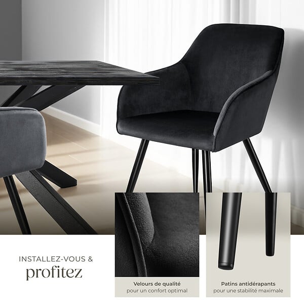 TECTAKE - Chaise Rembourrée aspect velours dossier ergonomique noir - large