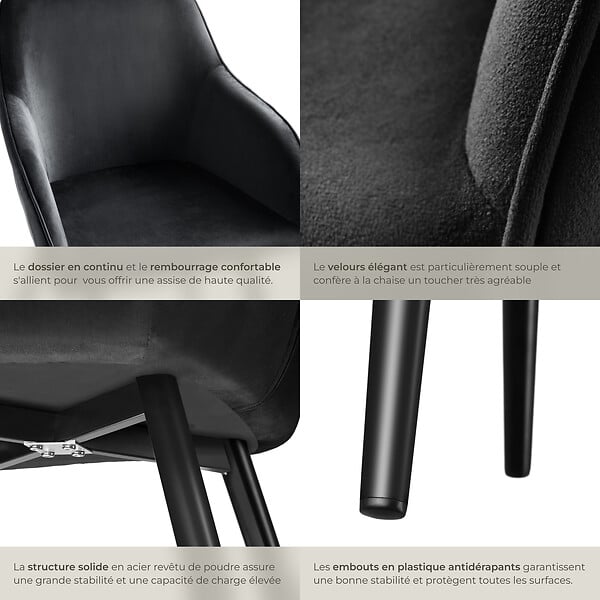 TECTAKE - Chaise Rembourrée aspect velours dossier ergonomique noir - large