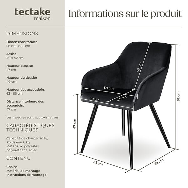 TECTAKE - Chaise Rembourrée aspect velours dossier ergonomique noir - large