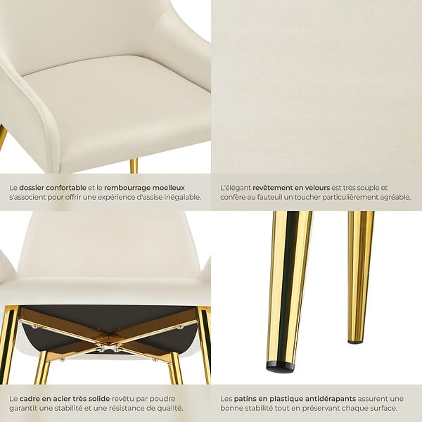 TECTAKE - Lot 2 chaises rembourrées aspect velours forme ergonomique beige - large