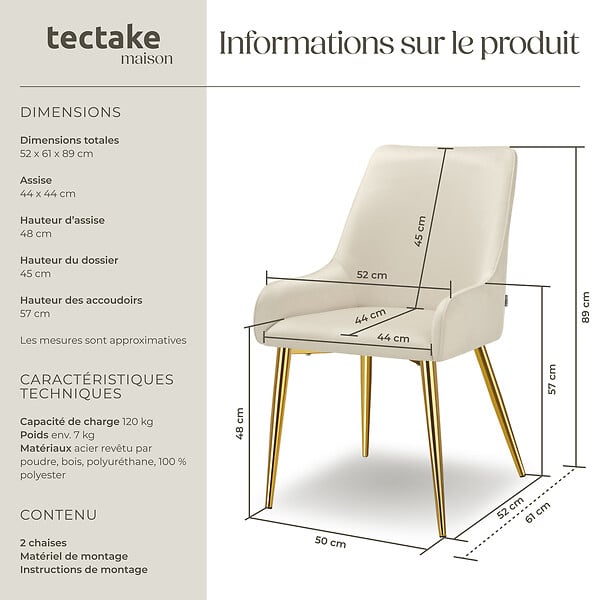 TECTAKE - Lot 2 chaises rembourrées aspect velours forme ergonomique beige - large