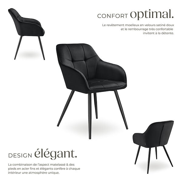 TECTAKE - Lot 6 chaises rembourrées en velours matelassé et dossier continu noir - large