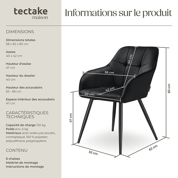 TECTAKE - Lot 6 chaises rembourrées en velours matelassé et dossier continu noir - large