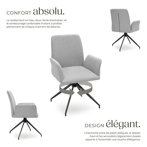 TECTAKE - Lot 4 fauteuils pivotants 360° rembourrés tissu robuste gris clair - large
