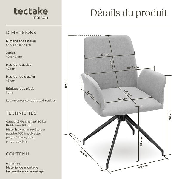 TECTAKE - Lot 4 fauteuils pivotants 360° rembourrés tissu robuste gris clair - large