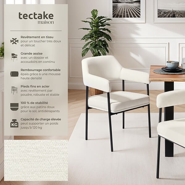 TECTAKE - Lot 6 fauteuils rembourrés pieds en acier dossier continu noir/blanc - large