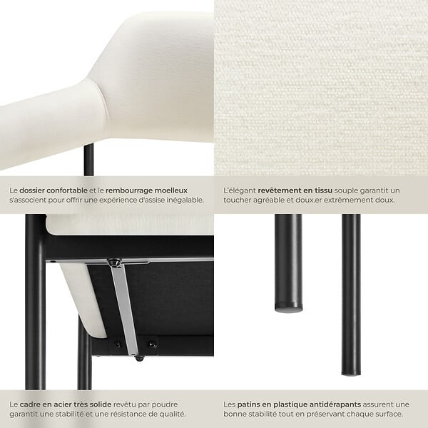TECTAKE - Lot 6 fauteuils rembourrés pieds en acier dossier continu noir/blanc - large