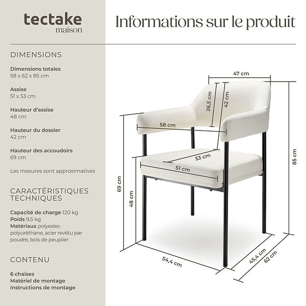 TECTAKE - Lot 6 fauteuils rembourrés pieds en acier dossier continu noir/blanc - large