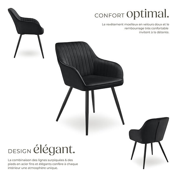 TECTAKE - Chaise de salle à manger en velours matelassée capitonnée noir - large
