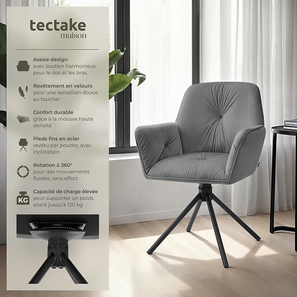 TECTAKE - Lot de 4 chaises pivotantes 360° en velours rembourré anthracite/noir - large