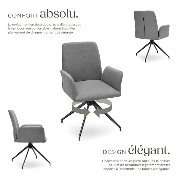 TECTAKE - Lot 4 fauteuils pivotants 360° rembourrés tissu robuste anthracite - large