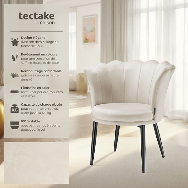 TECTAKE - Fauteuil rembourré avec dossier en forme de fleur velours crème/noir - large