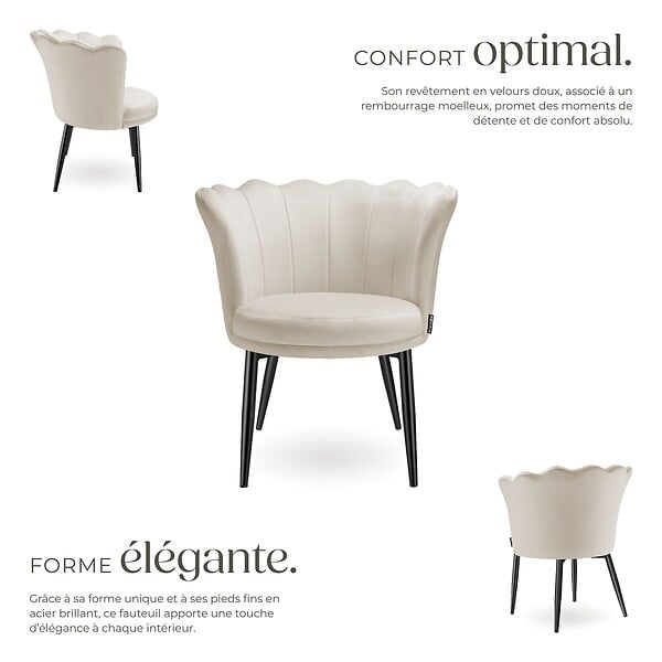 TECTAKE - Fauteuil rembourré avec dossier en forme de fleur velours crème/noir - large