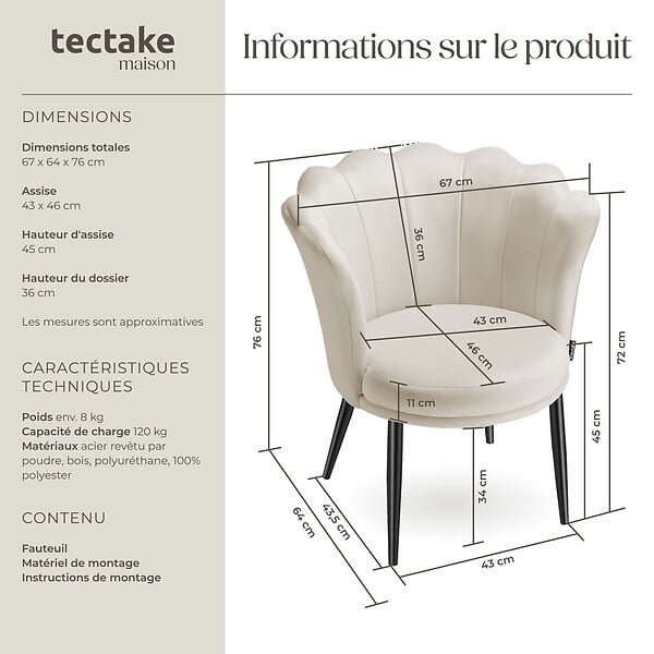 TECTAKE - Fauteuil rembourré avec dossier en forme de fleur velours crème/noir - large