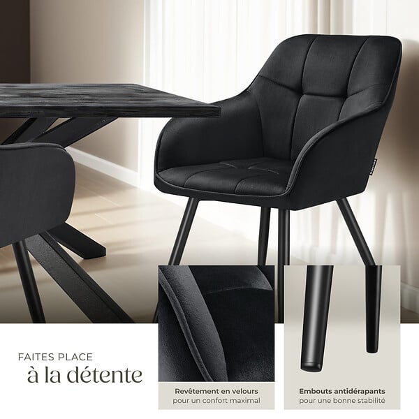 TECTAKE - Chaise rembourrée en velours matelassé avec dossier continu noir - large