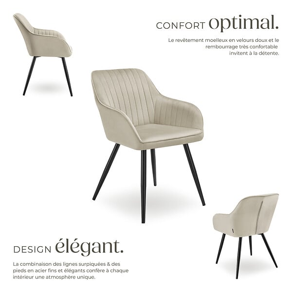 TECTAKE - Lot 4 chaises de salle à manger en velours matelassées crème - large