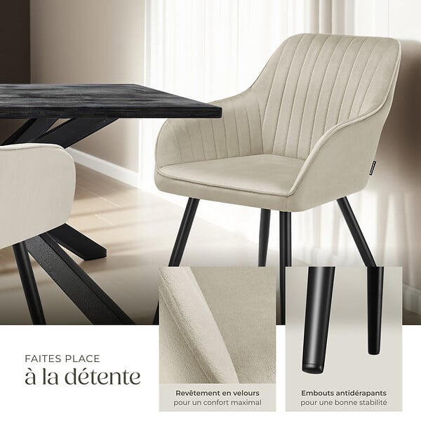 TECTAKE - Lot 4 chaises de salle à manger en velours matelassées crème - large