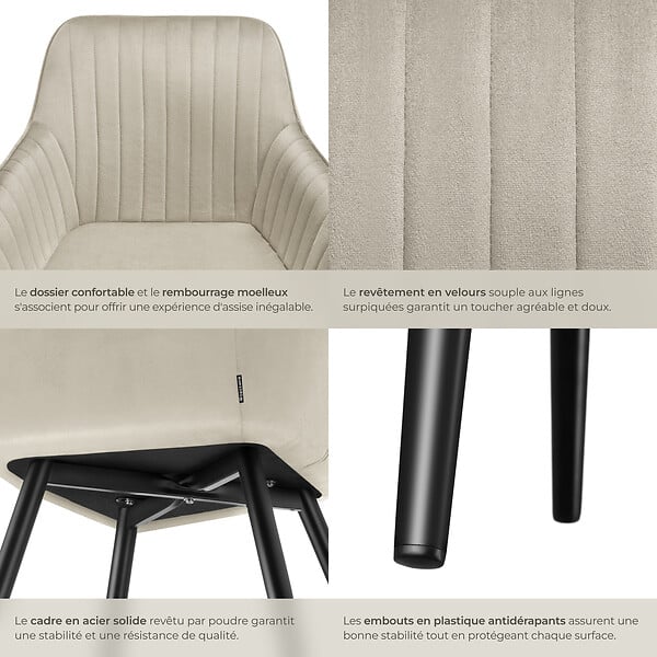 TECTAKE - Lot 4 chaises de salle à manger en velours matelassées crème - large