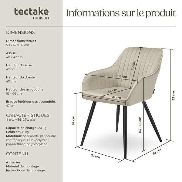TECTAKE - Lot 4 chaises de salle à manger en velours matelassées crème - large