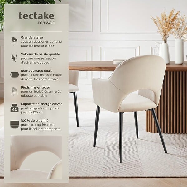 TECTAKE - Lot 2 Fauteuils aspect velours rembourré max 120 kg crème - large