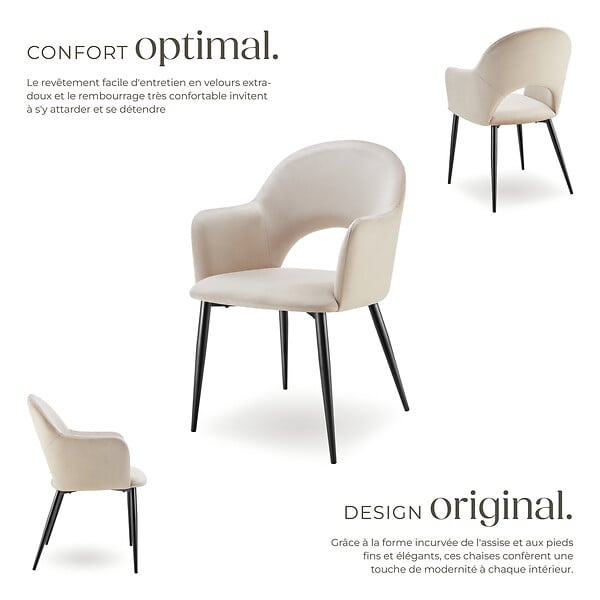 TECTAKE - Lot 2 Fauteuils aspect velours rembourré max 120 kg crème - large