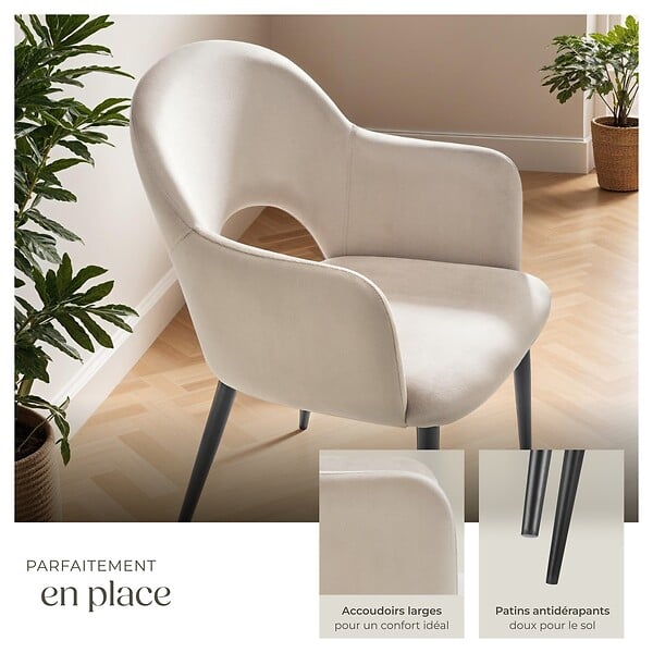 TECTAKE - Lot 2 Fauteuils aspect velours rembourré max 120 kg crème - large