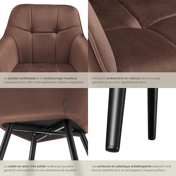 TECTAKE - Lot 2 chaises rembourrées en velours matelassé et dossier continu brun - large