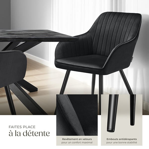 TECTAKE - Lot 4 chaises de salle à manger en velours matelassées noir - large