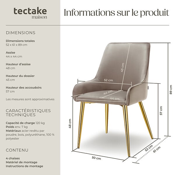 TECTAKE - Lot 4 chaises rembourrées aspect velours forme ergonomique taupe - large