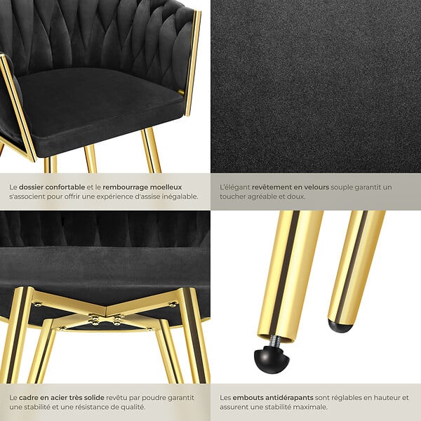 TECTAKE - Lot 4 chaises de salle à manger en velours design noué noir/or - large