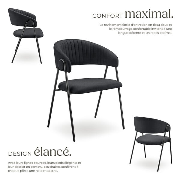 TECTAKE - Lot 2 Fauteuils rembourré ergonomique en tissu 150kg max noir - large