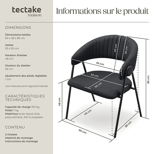 TECTAKE - Lot 2 Fauteuils rembourré ergonomique en tissu 150kg max noir - large