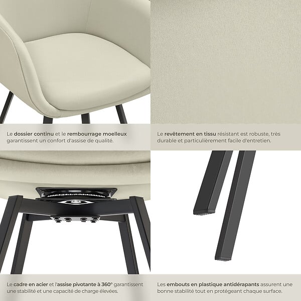 TECTAKE - Lot 6 Fauteuils pivotants rembourrés avec accoudoirs gris/beige - large