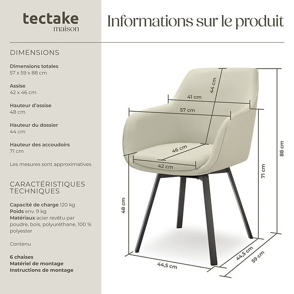 TECTAKE - Lot 6 Fauteuils pivotants rembourrés avec accoudoirs gris/beige - large
