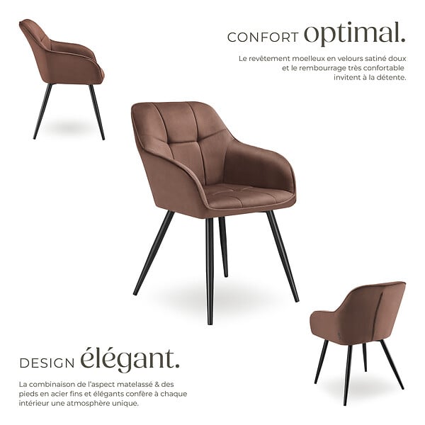 TECTAKE - Lot 6 chaises rembourrées en velours matelassé et dossier continu brun - large