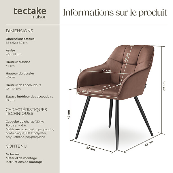 TECTAKE - Lot 6 chaises rembourrées en velours matelassé et dossier continu brun - large