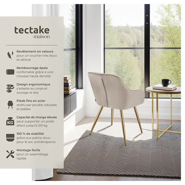 TECTAKE - Lot 4 chaises de salle à manger avec aspect velours capitonné taupe/or - large