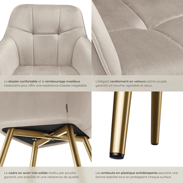 TECTAKE - Lot 4 chaises de salle à manger avec aspect velours capitonné taupe/or - large
