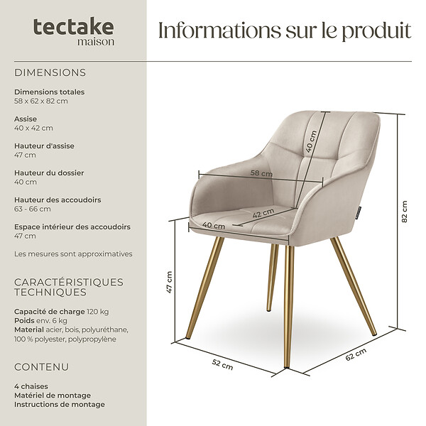 TECTAKE - Lot 4 chaises de salle à manger avec aspect velours capitonné taupe/or - large