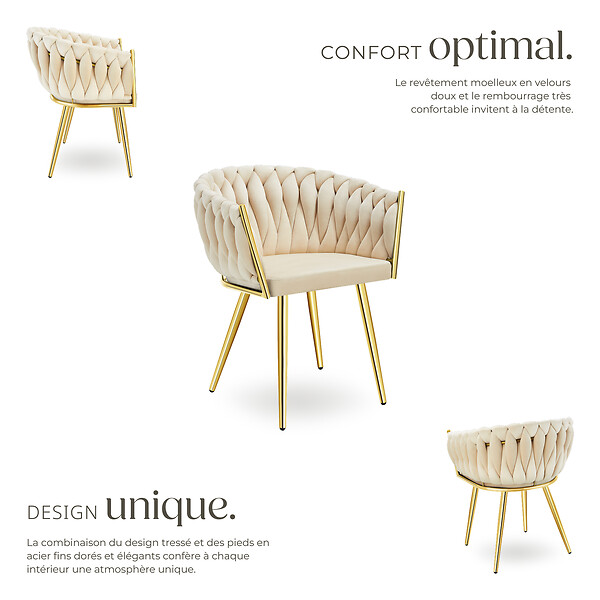 TECTAKE - Lot 2 chaises de salle à manger en velours design noué sable/or - large