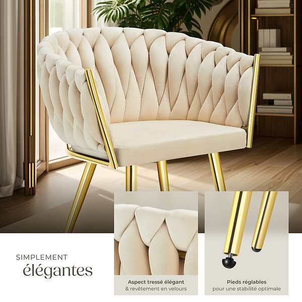 TECTAKE - Lot 2 chaises de salle à manger en velours design noué sable/or - large