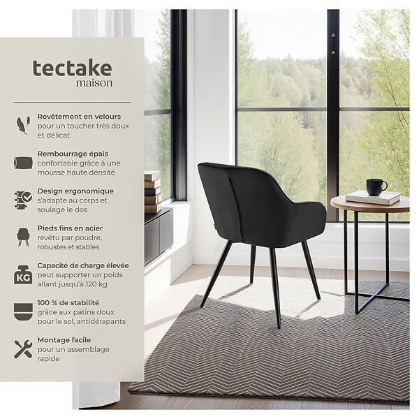 TECTAKE - Lot 6 chaises de salle à manger en velours matelassées noir - large