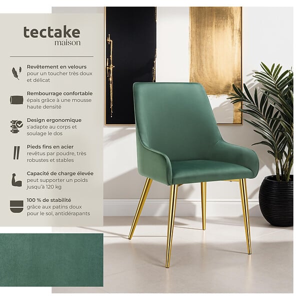 TECTAKE - Lot 4 chaises rembourrées aspect velours forme ergonomique vert - large
