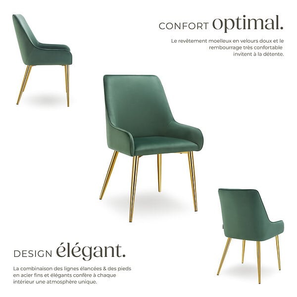 TECTAKE - Lot 4 chaises rembourrées aspect velours forme ergonomique vert - large