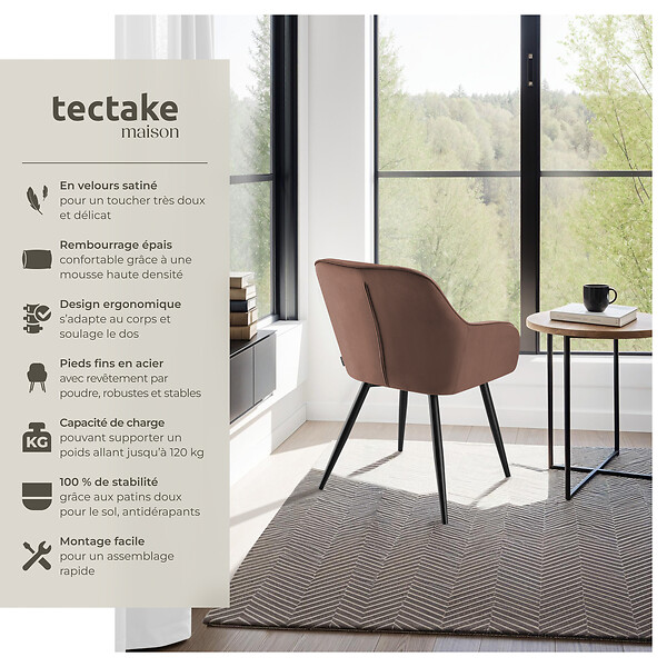TECTAKE - Lot 4 chaises rembourrées en velours matelassé et dossier continu brun - large